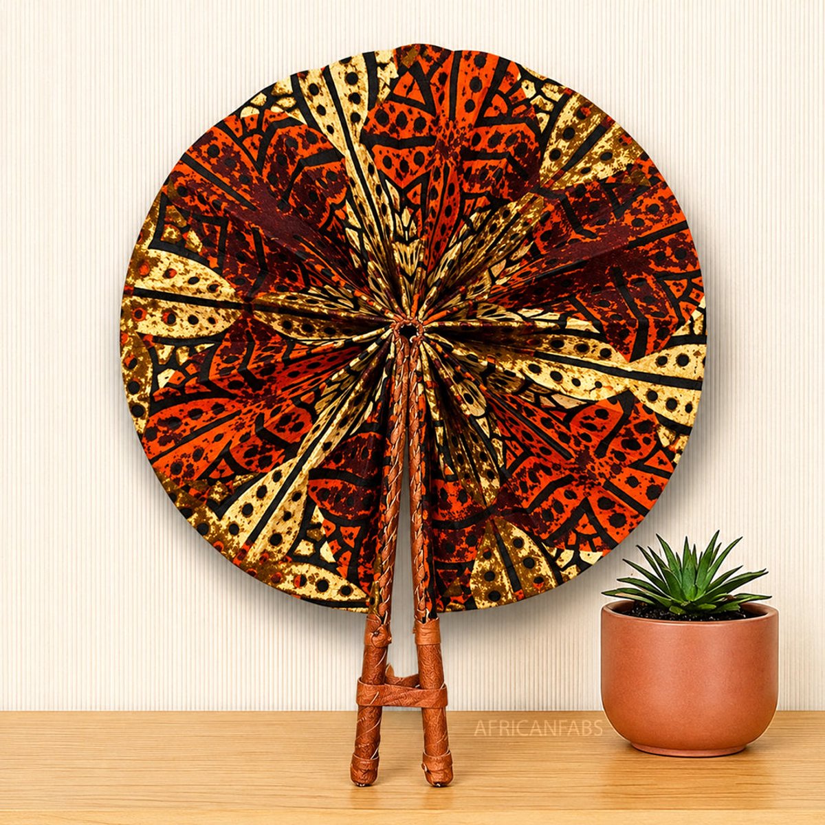 Afrikaanse handwaaier - Ankara print waaier - Oranje Crème Bonsu