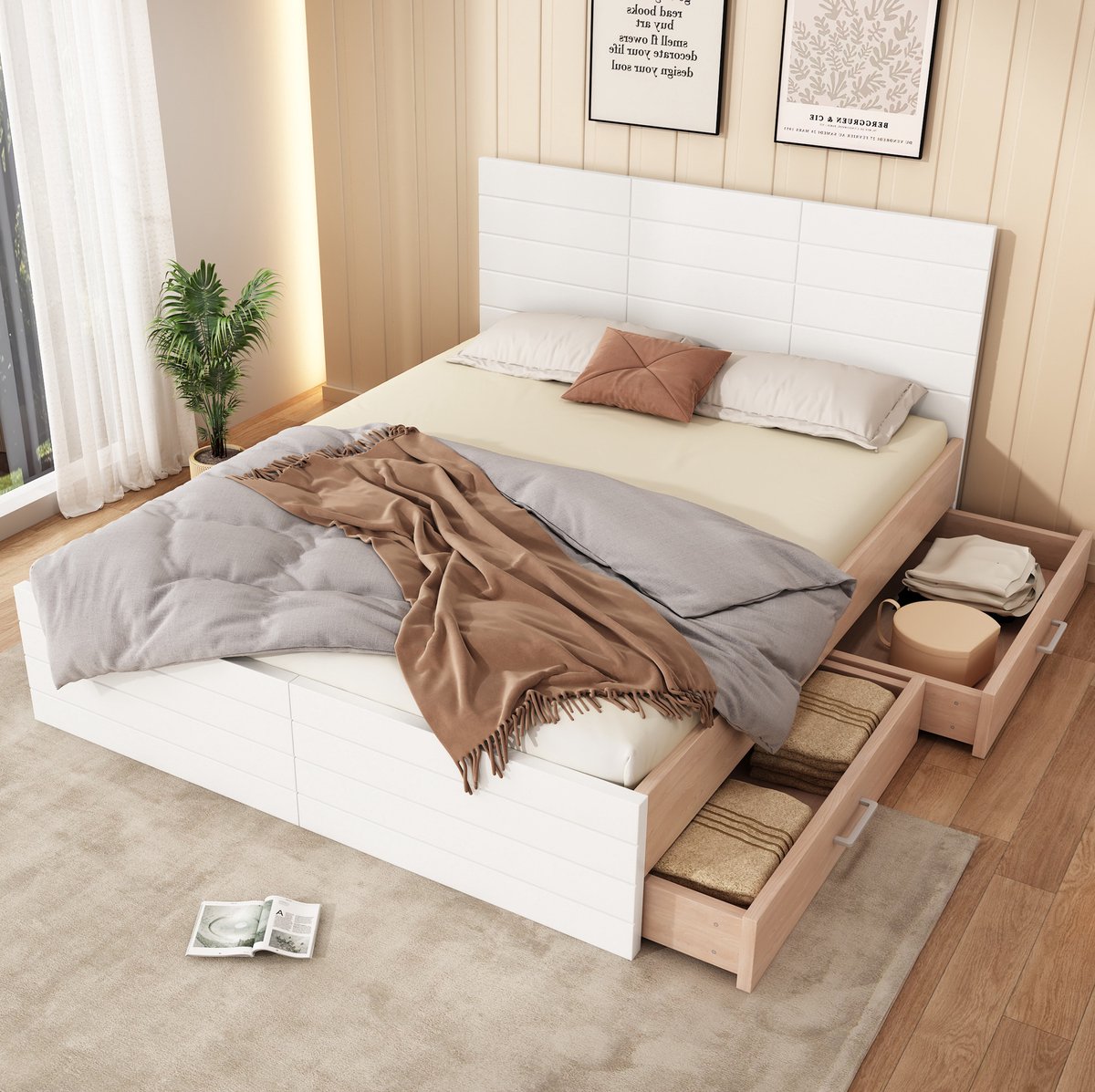 MEUNIQ tweepersoons bed 180x200 cm met lattenbodem en 2 opberglades, bedframe met opbergruimte onder het bed voor slaapkamer, wit en eiken