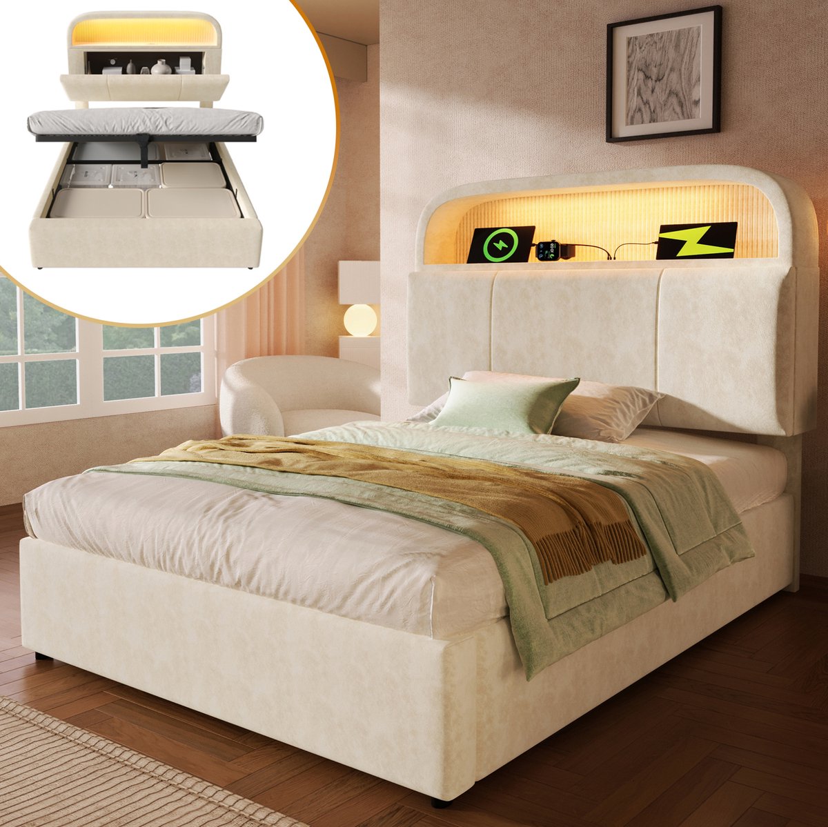 MEUNIQ gestoffeerd eenpersoons bed 90x200 cm met matras, opberghoofdbord, hydraulische bergruimte, LED en USB/Type-C laadstation, beige