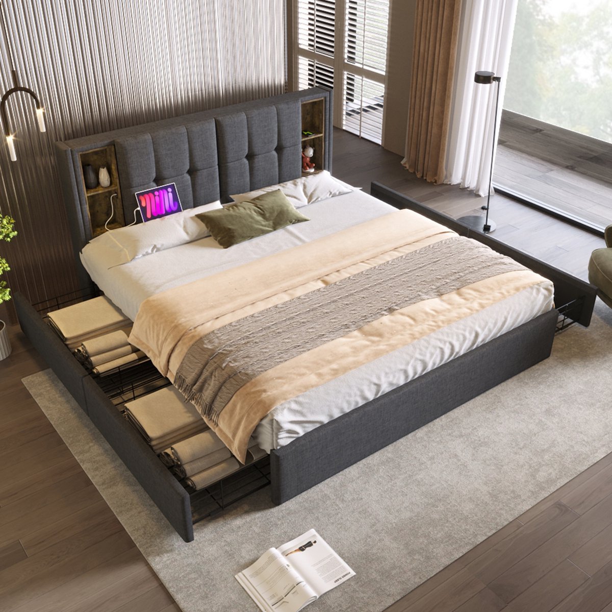 MEUNIQ tweepersoons bed 160x200 cm met 4 lades, open vakken in hoofdbord, draadloos opladen, USB en Type-C, lattenbodem, bedframe voor slaapkamer, grijs