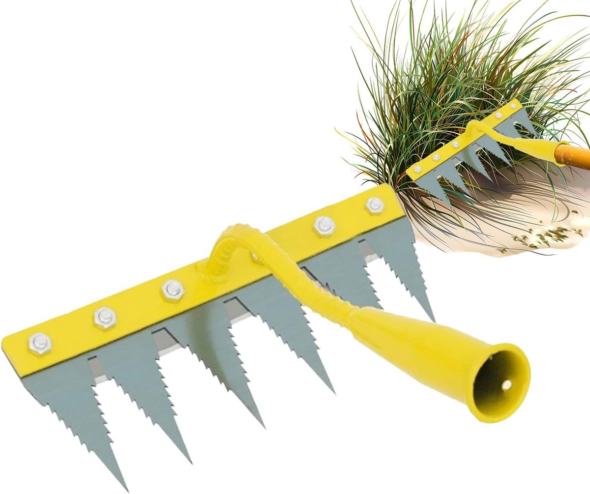 Gazon hark - Onkruidspade - Gazon onderhoud - Ergonomisch ontwerp - 6 tanden - Geel