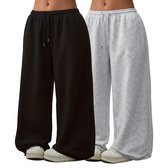 Zwart en lichtgrijs joggingbroek dames 2 stuks maat L wijde broek lounge broek trainingsbroek met elastische tailleband en trekkoord casual broek set