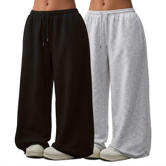 Zwart en lichtgrijs joggingbroek dames 2 stuks maat L wijde broek lounge broek trainingsbroek met elastische tailleband en trekkoord casual broek set