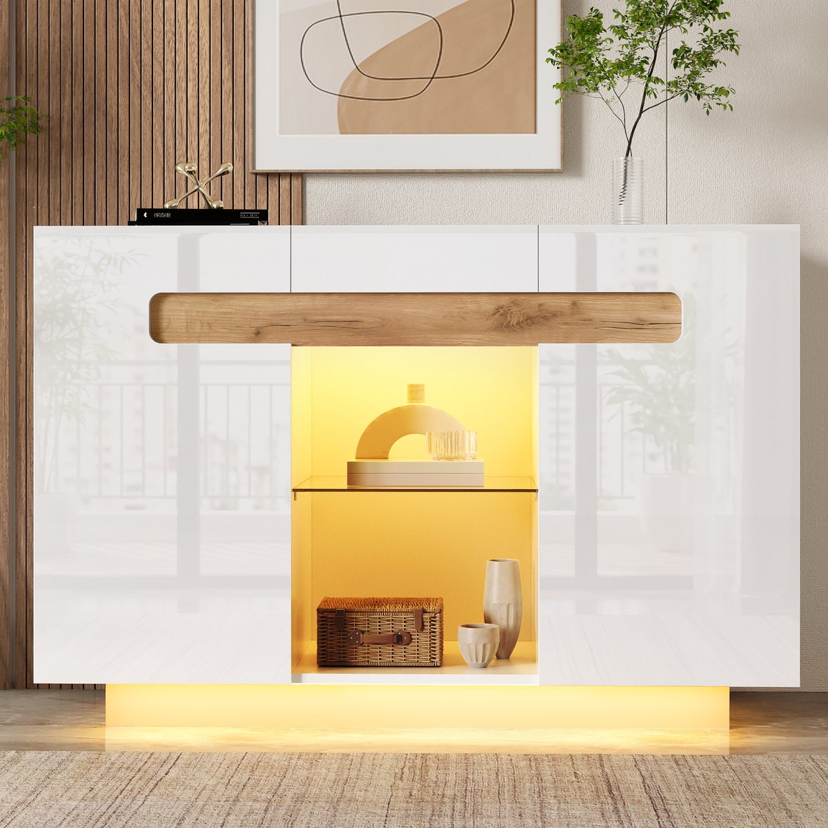 Clruro Dressoir - 120 x 40 x 80 cm - met LED en app-bediening - Wit + naturel Wit + Natuurlijk
