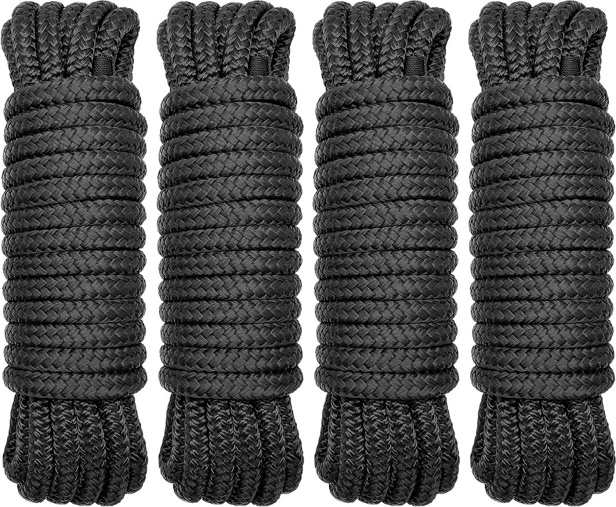 Boot Dok Lijnen - Boottouwen Aanleg - Veilig Aanmeren - Dubbel Gevlochten Nylon - 4x 7.6 Meter - Zwart