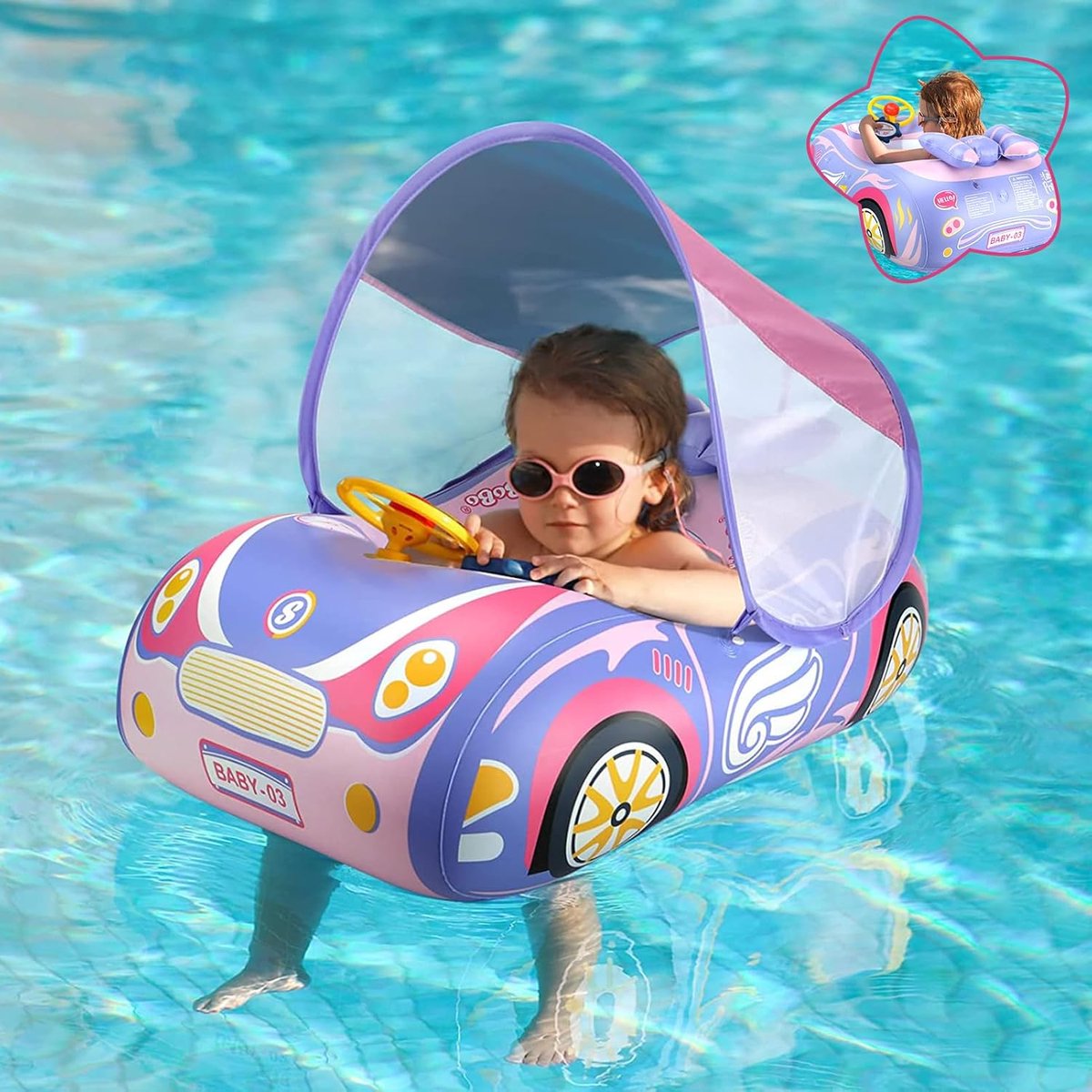 YAGXIG Babyzwembadvlotter - Met 3D-auto-ontwerp - PVC Babyzwemvlotter - Peuterzwembadvlotter - Zwemvlotter Zitje Boot Zwembadspeelgoed - Met stuurwiel -, Geschikt voor 12-18, 12-24 maanden, 2-3 jaar oud, 3+ jaar oude meisjesjongens