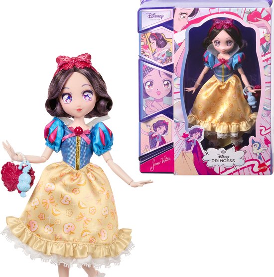 Snow White pop naast de geopende verpakking met illustraties. Pop draagt gele jurk en rode schoenen.