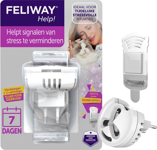FELIWAY Help! diffuser en aparte cartridge. "Gratis jouw volgende cartridge". "Aanbevolen door dierenartsen".