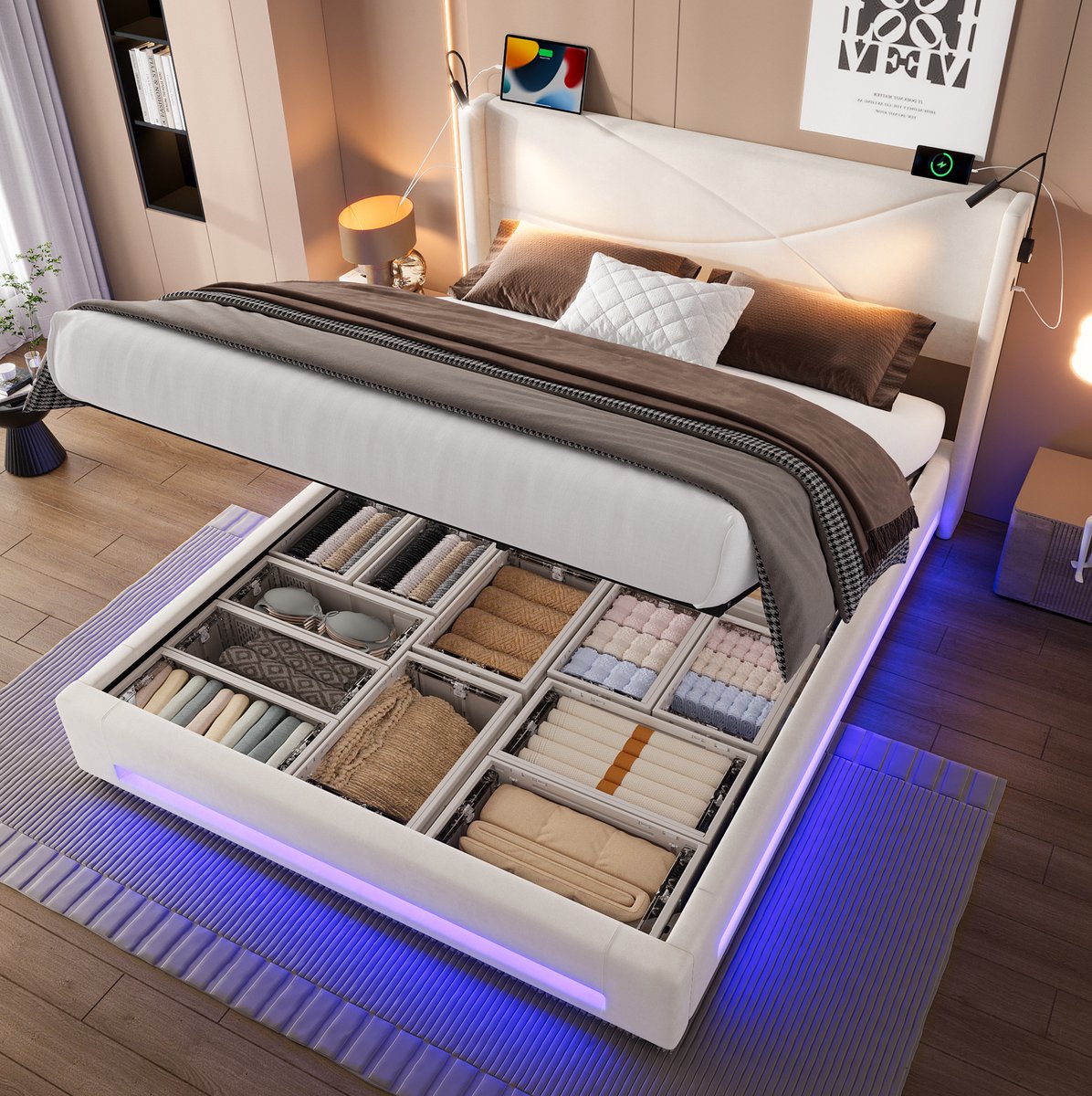 MEUNIQ bedframe 140x200 cm met hydraulische opbergruimte, 2 leeslampen, LED-verlichting, USB-aansluitingen en lattenbodem voor de slaapkamer, beige