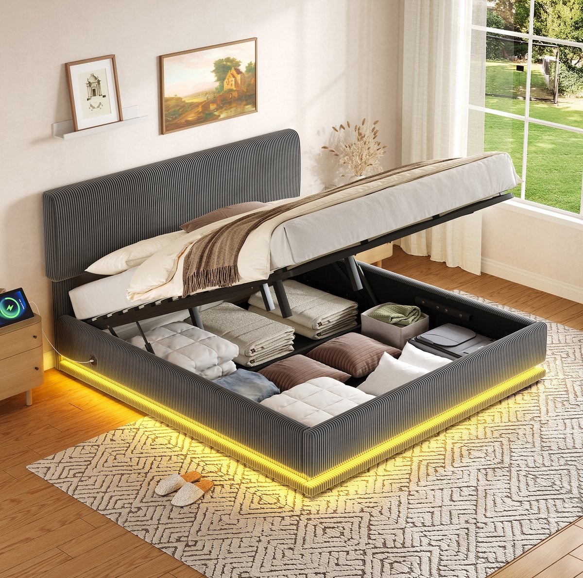 MEUNIQ gestoffeerd bed 160x200 cm met LED-verlichting, USB-C, verstelbaar hoofdeinde, lattenbodem en opbergruimte onder bed voor slaapkamer, donkergrijs