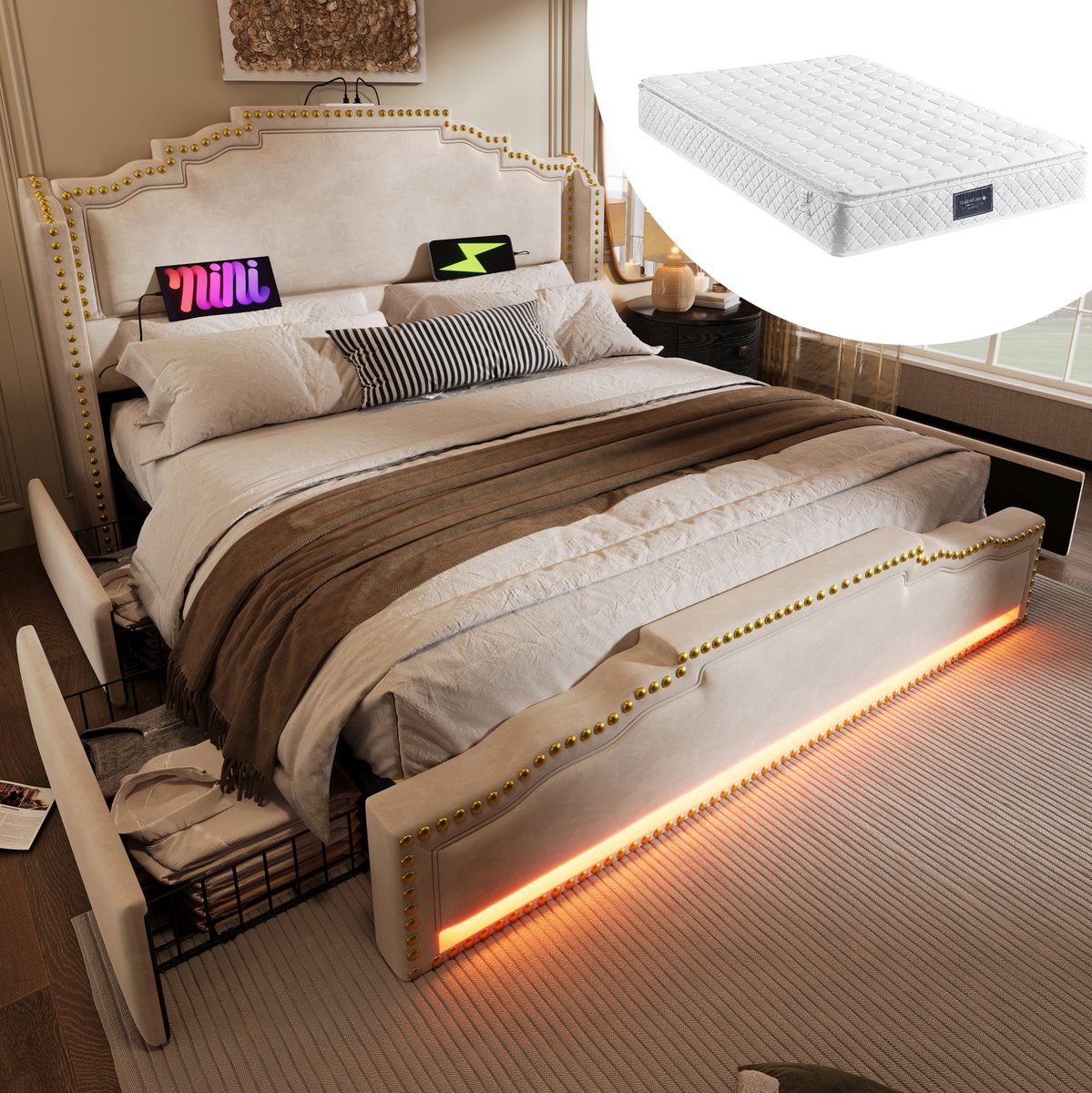 MEUNIQ tweepersoons bed 140x200 met matras, 4 lades, LED-verlichting, USB en USB-C, lattenbodem, opbergruimte, beige bed voor slaapkamer