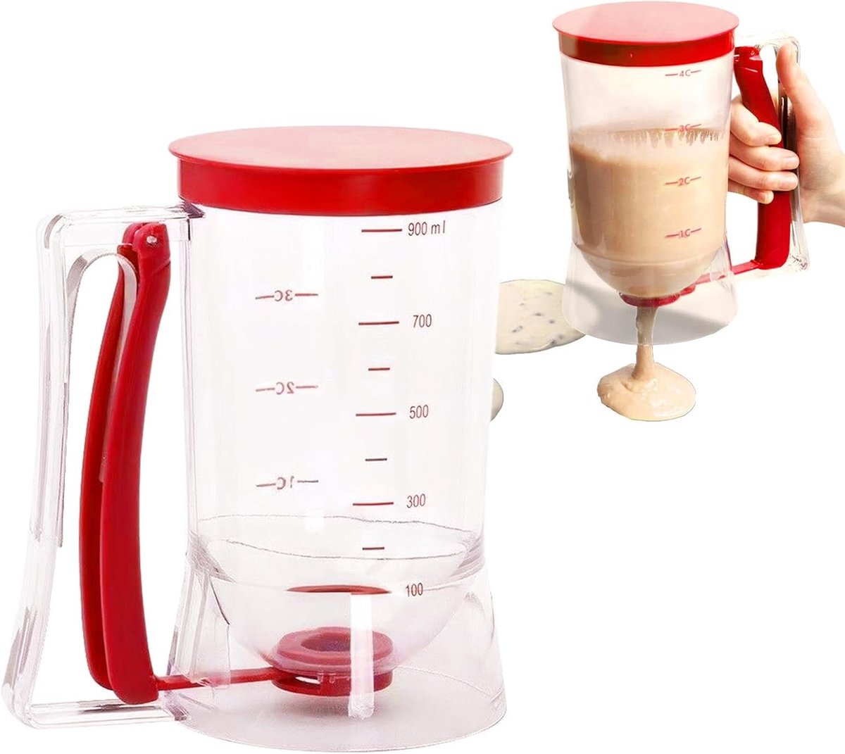Beslag Dispenser - Pannenkoekhouder Wafelmaker - Bakken en Maken - Lekvrij en Nauwkeurig - 900ml - Rood