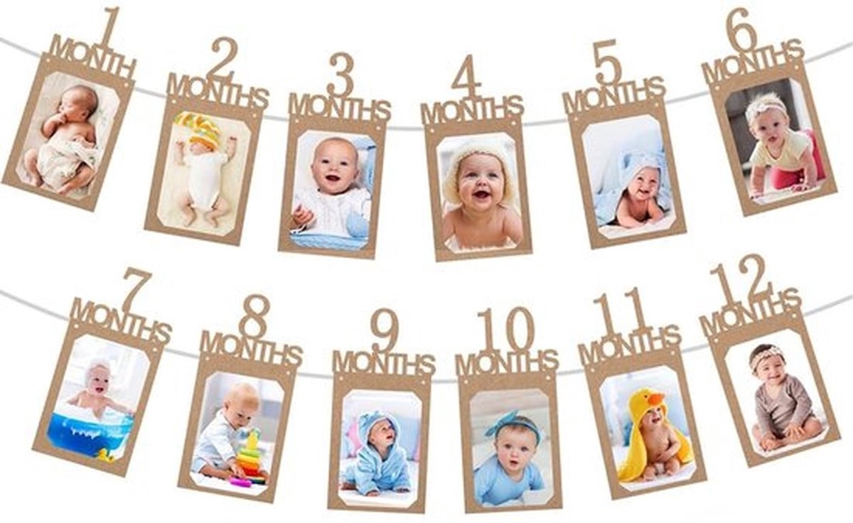 Slinger 1e Verjaardag - Fotobanner - Baby Milestone Garland - Decoratie voor Feest - 12 Fotokaarten - Eenvoudig te Gebruiken - Fotoslinger