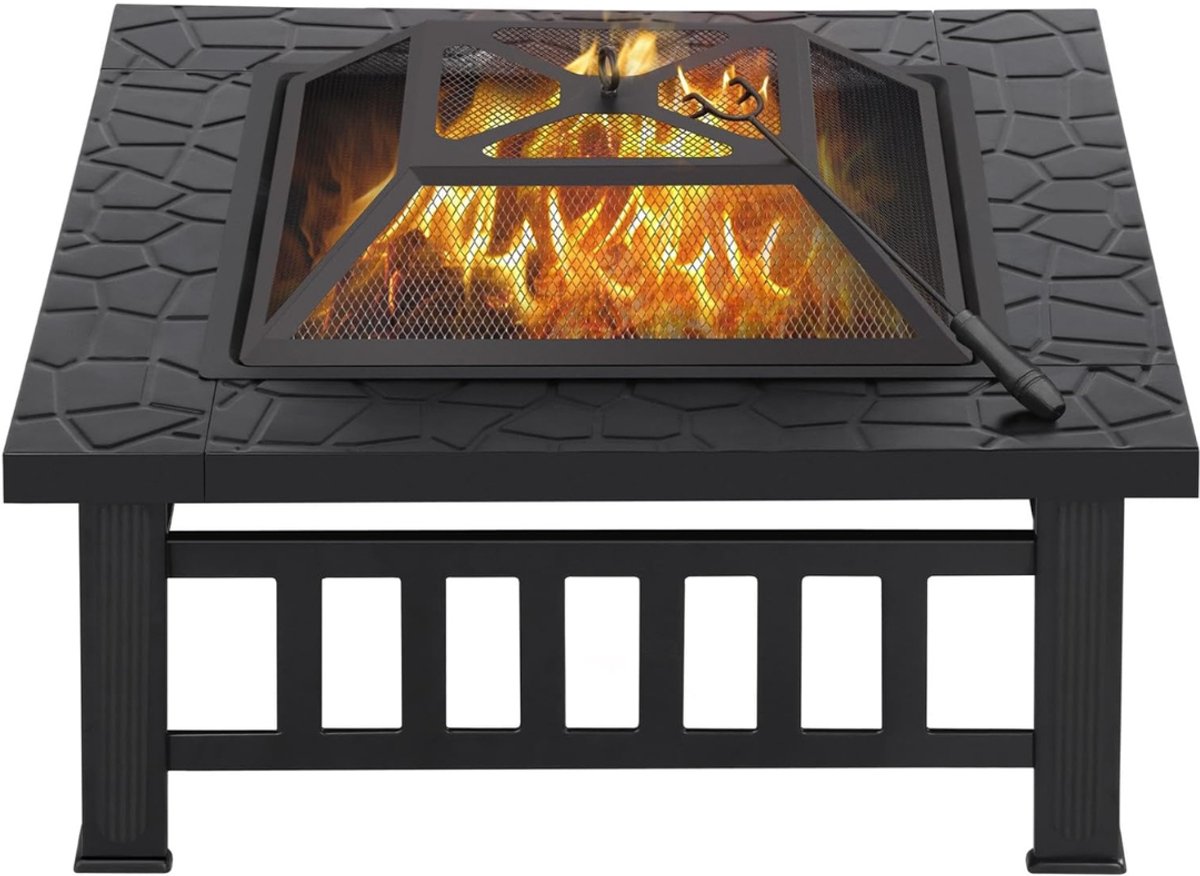 QUOVO® Vuurkorf Met Vonkenscherm - Vuurkorf - Vuurhaard Met Deksel - Vierkante Terrashaard - Openhaard - Vuurton - Vuurmand Op Voeten - Kachel – Buitenhaard - Zwart - 81cm x 81cm x 37cm