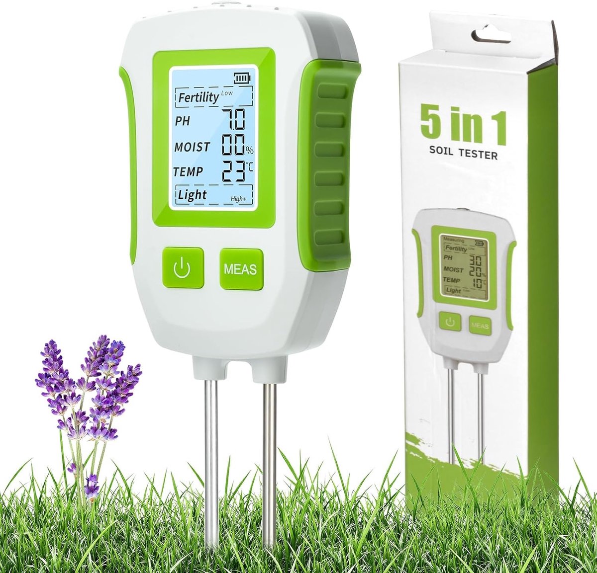 Vloermeter - Wit-Groen - Multifunctionele Bodemtester voor pH, Temperatuur, Vochtigheid en Licht