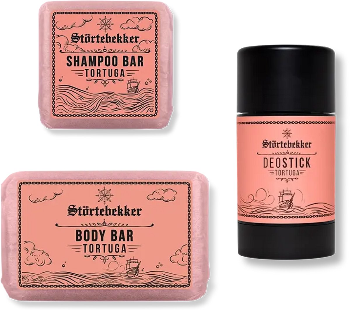 Störtebekker® Men Essential Set Tortuga - Verzorgingsroutine Set Heren met Exotisch-Kruidige Houtgeur - Vaste Shampoo, Body Bar & Deostick - Vegan & Zonder Aluminium - Dagelijkse Frisheid