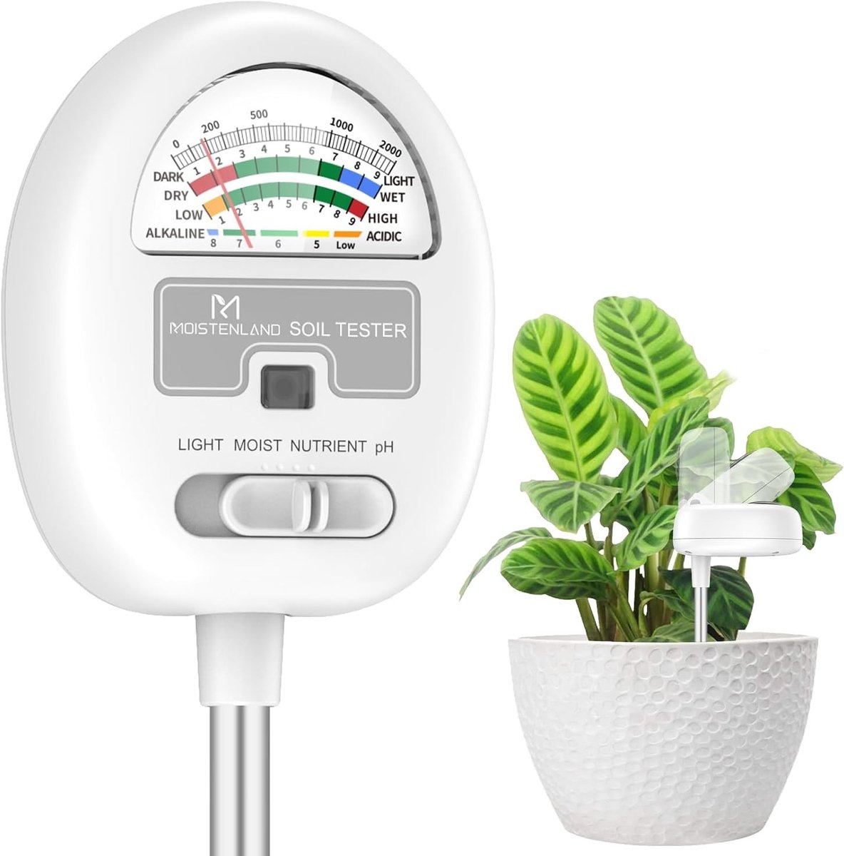 Bodemvochtigheidsmeter - Groen - 4-in-1 pH-tester voor Bodemvochtigheid/Licht/Voedingsstoffen - Voor Tuinieren en Landbouw