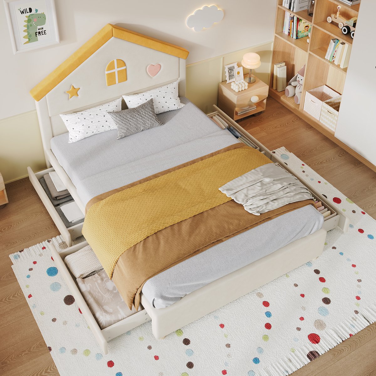 STILVORA Kinderbed 140x200 cm – Huisbed met 4 Lades – Gepoeld Bed met Frans Fluweel – Voor Kinderkamer en Jeugd – Beige – Zonder matras