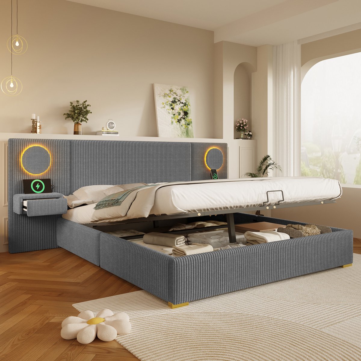 OKWISH Gestoffeerd Bed 180x200 cm - Led Hoofdbord Met Usb Aansluitingen En Hydraulische Opbergruimte - Tweepersoons - Grijs - Zonder Matras
