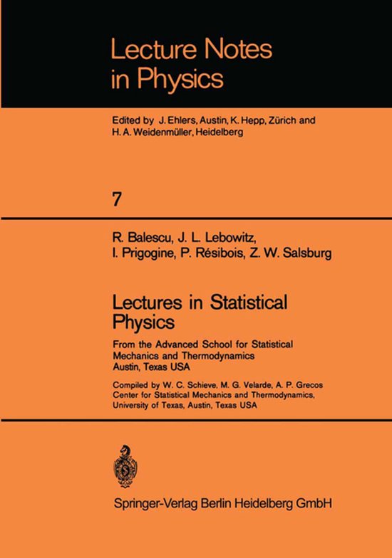 Page de titre du livre 'Lecture Notes in Physics, Volume 7: Lectures in Statistical Physics' par Springer-Verlag.
