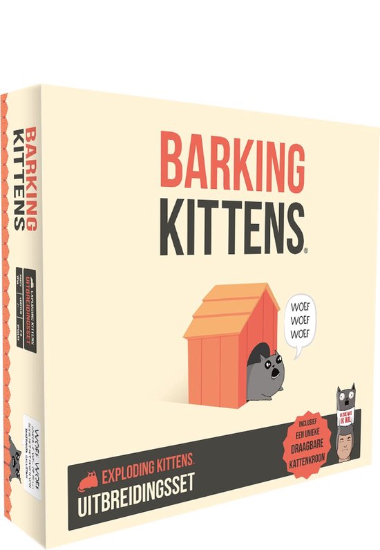 Doos van Barking Kittens uitbreidingsset, met een hondje in een hondenhok en tekst.