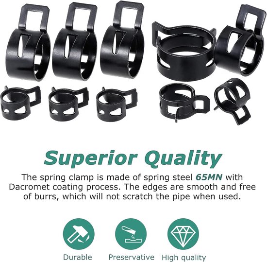 Slangklemmen Set - Veerklemmen 300-delig - 10 Maten van 5-18 mm - 360° Gelijkmatige Klemming - 65MN Verenstaal met Dacromet-Coating - Inclusief Klemtang - Voor Auto, Brandstof-, Water- en Vacuümslangen — afbeelding 5