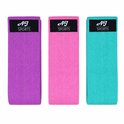 Paarse, roze en cyaan weerstandsbanden van AJ-Sports, met zwarte labels.