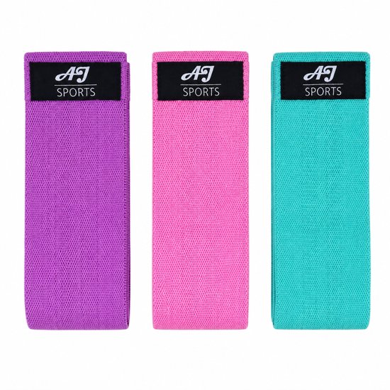 Paarse, roze en cyaan weerstandsbanden van AJ-Sports, met zwarte labels.
