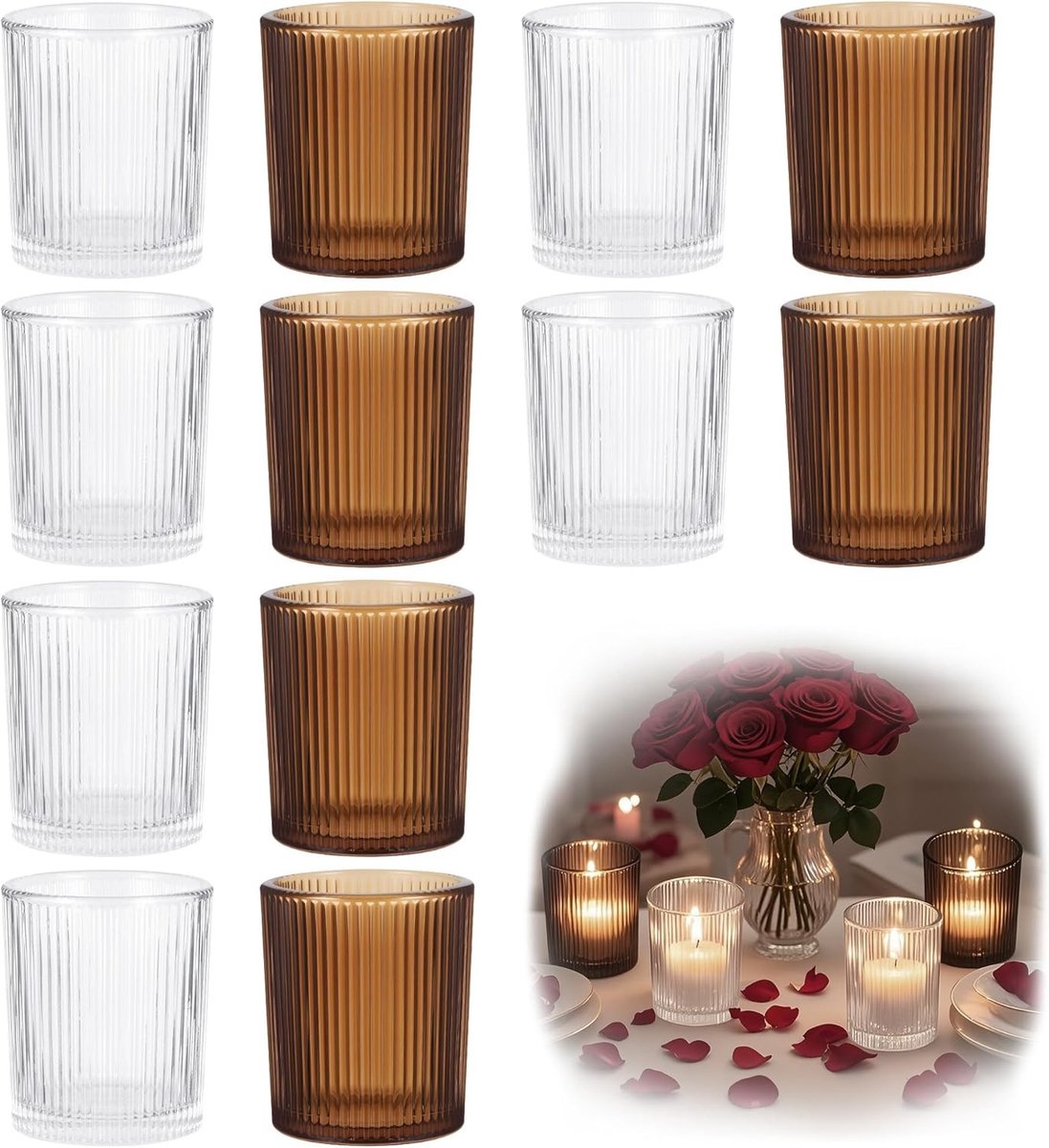 Windlicht van glas - Transparant en Bruin - 5,5 x 5 x 6,5 cm - Antislip Geribbeld Glas - Voor Woondecoratie en Feestjes
