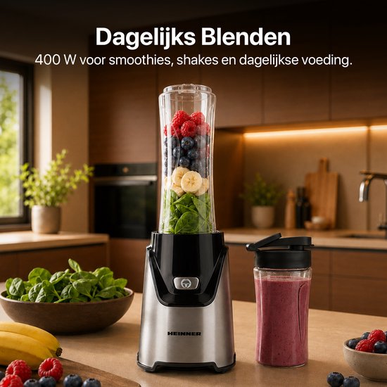 Heinner Sportblender - 400W - 19.000 rpm - 600 ml & 400 ml Tritan Bekers - BPA-vrij - 2 Ready-to-Go Deksels - RVS Messen - Inox Behuizing - Zwart/Inox van Heinner — afbeelding 3