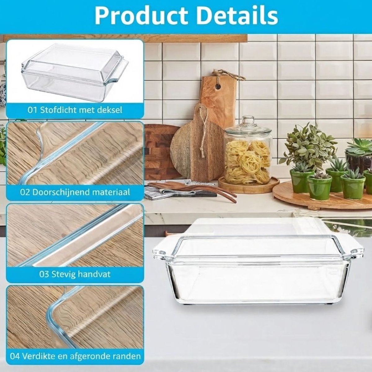 Lìon® Ovenschaal met Deksel - Ovenschaal met Deksel Glas - Vaatwasserbestendig - Wit - 9cm x 29cm x 20cm