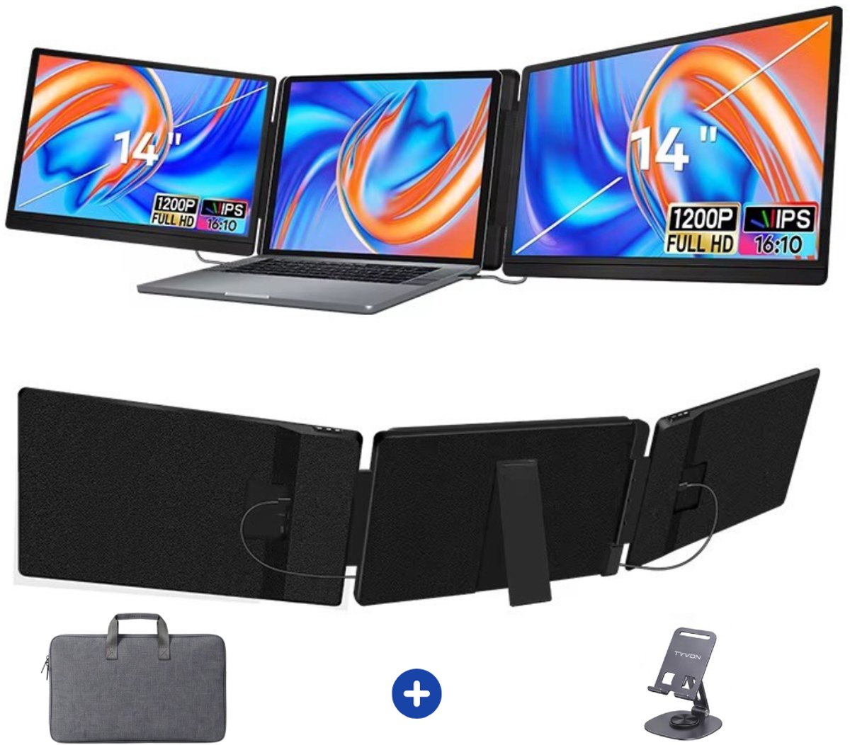 TYVON Triple Portable Monitor 14 inch - Flip - Tri screen - Full HD Draagbare monitor met USB-C & HDMI - Voor Apple en Windows - Plug & Play - Dubbel Scherm - Opvouwbaar - Laptop Scherm Uitbreider - Externe Monitor incl. Draagtas - Beeldscherm
