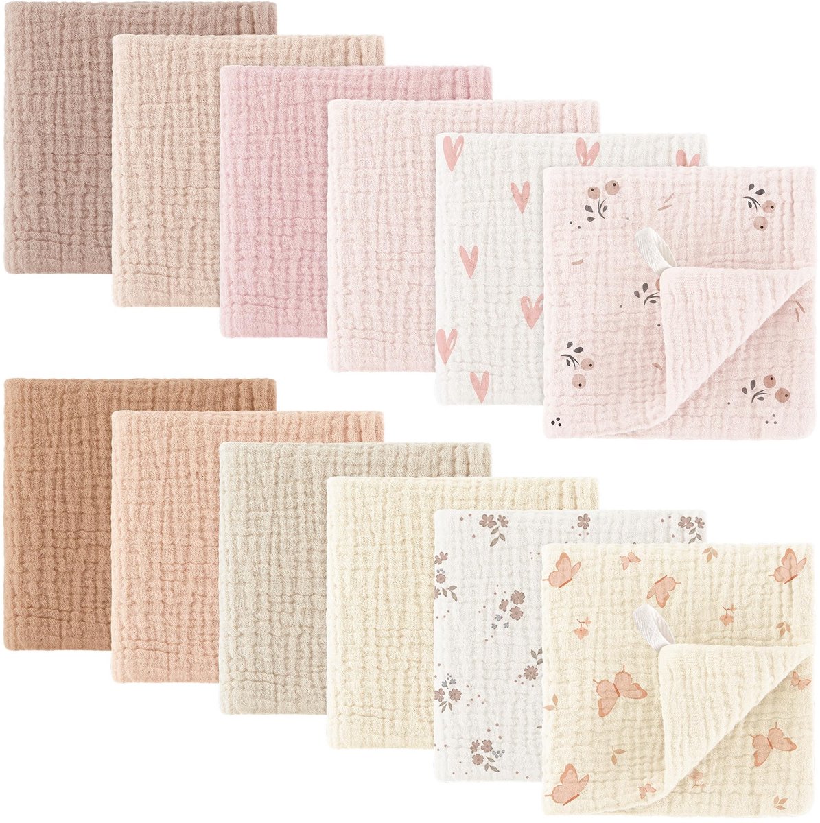 Solidchoice - 12 Stuks Muslin Wasdoeken van 100% Katoen voor Baby's, 25 x 25 cm