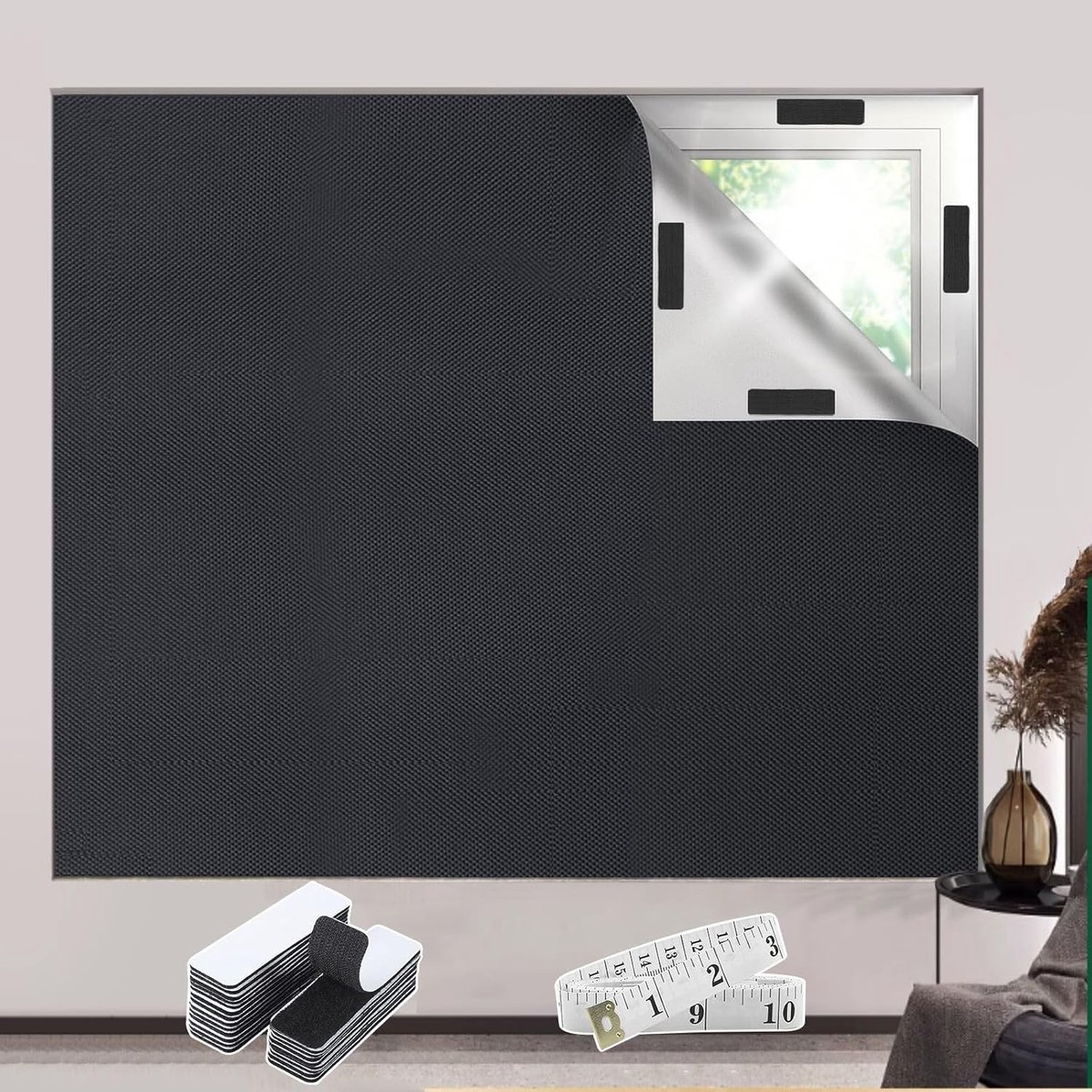 Verduisteringsgordijn - Zwart - B145 x H200 cm - Verduisteringsstof met Klittenband en Liniaal - Voor Raam en Reizen