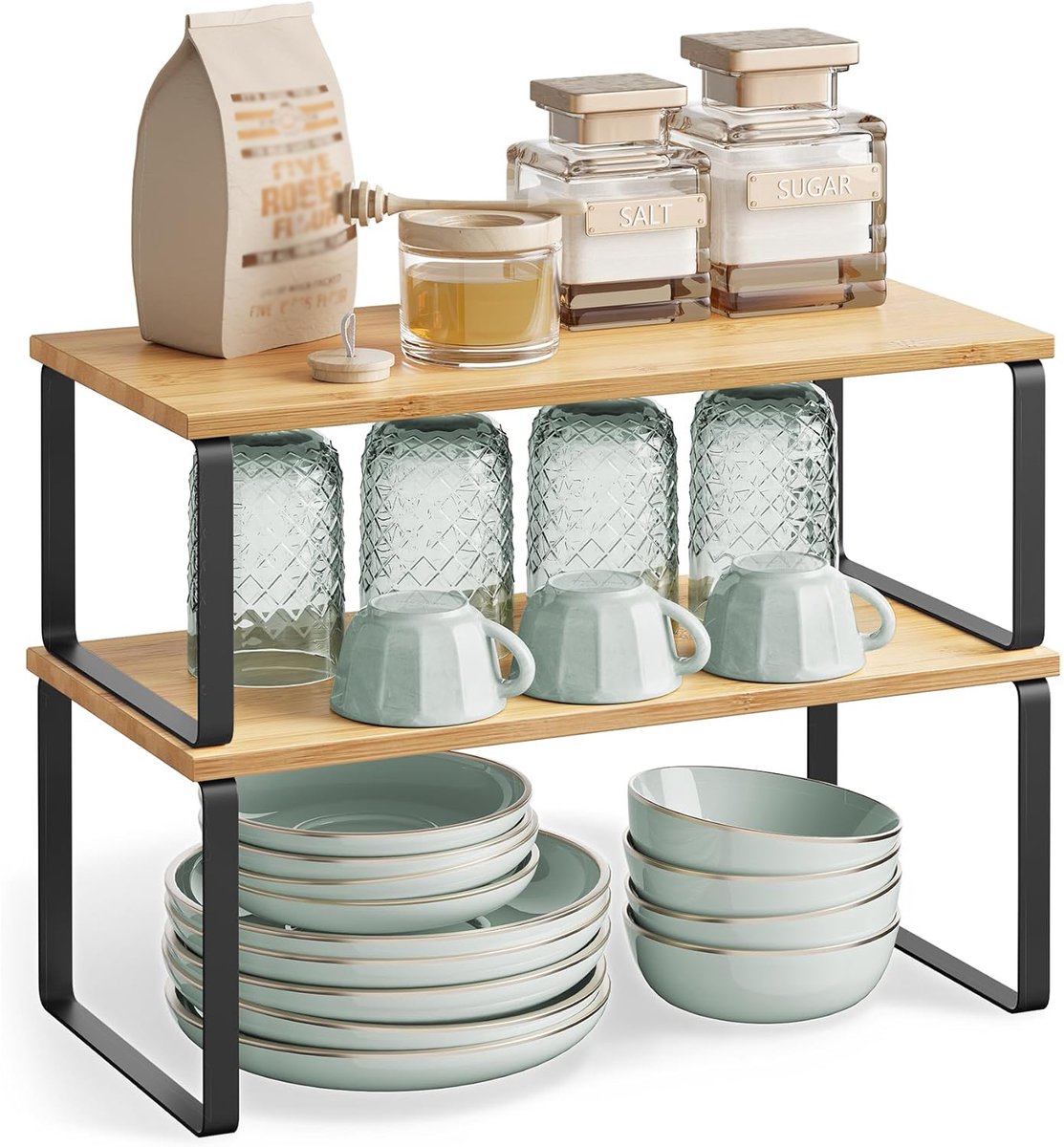REDOM Keukenrek 39,7 × 19,5 × 15,8 cm – Keuken Organizer & Keukenplank – Ruimtebesparend Opbergrek – Multifunctioneel – Hout & Metaal – Beige/Zwart
