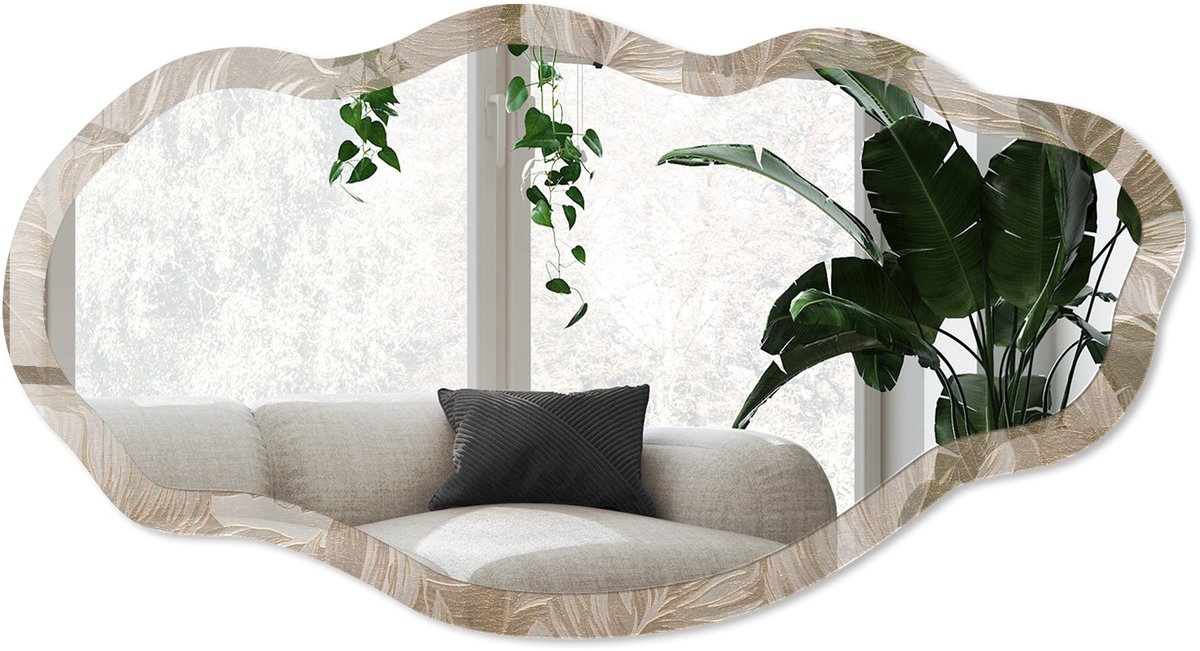 Wallfluent Beige Bladeren Spiegel - Beige Strakke Rechthoekige Spiegel - Organische Spiegel - Woonkamer - Scandinavisch - 45x90 cm - Totale afmeting 52x97 cm
