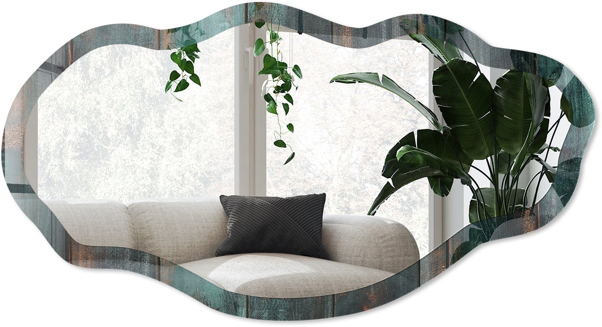 Wallfluent Geschilderd Hout Spiegel - Turkoois Rechthoekige Spiegel Met Modern Design - Organische Spiegel - Slaapkamer, Woonkamer, Kantoor - Industrieel / Loft - 45x90 cm - Totale afmeting 52x97 cm