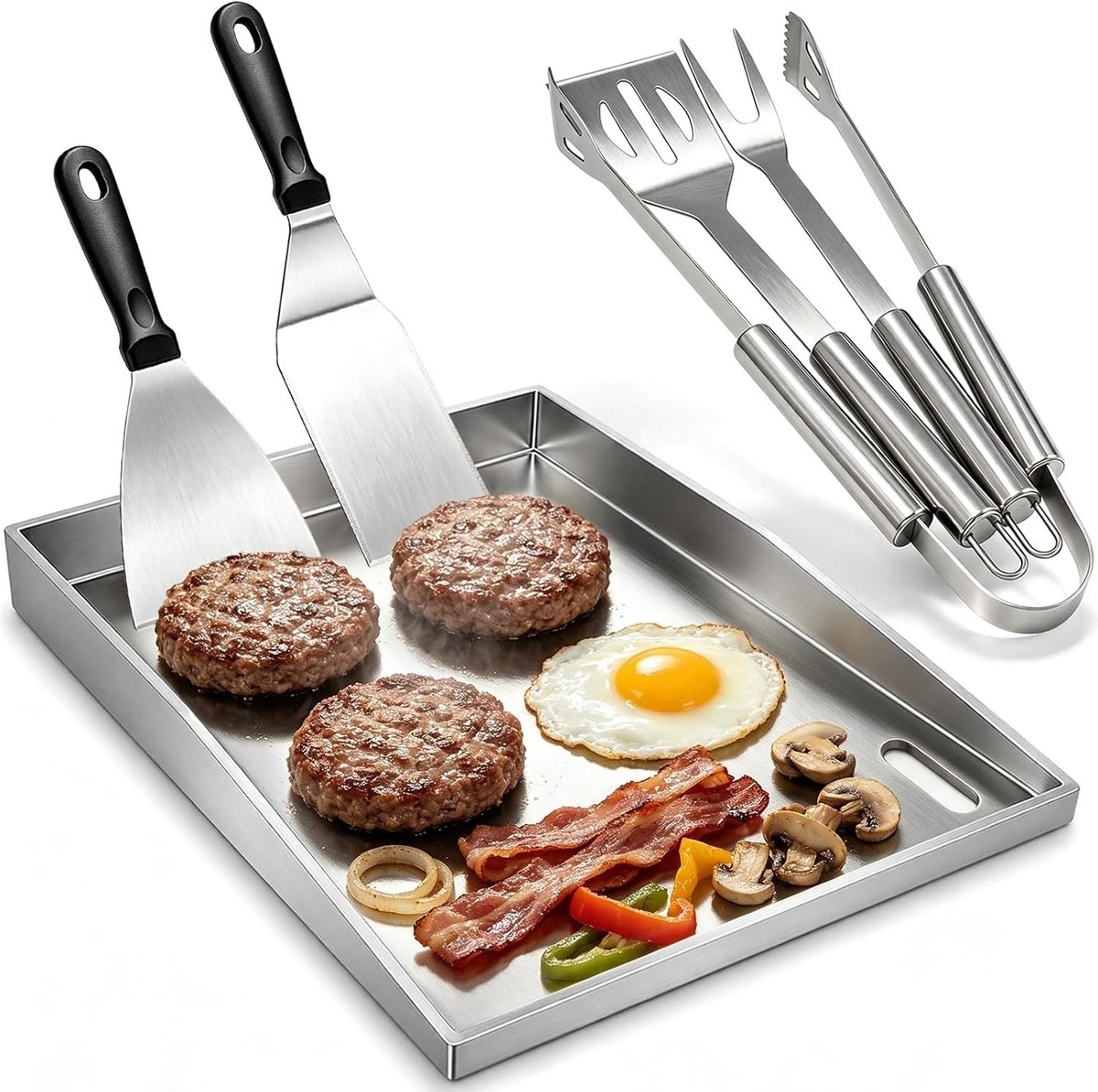 Plancha barbecue - Roestvrij staal - 40 x 30 cm - 4 mm dikke stevige plaat - Inclusief 5 barbecue accessoires voor veelzijdig gebruik