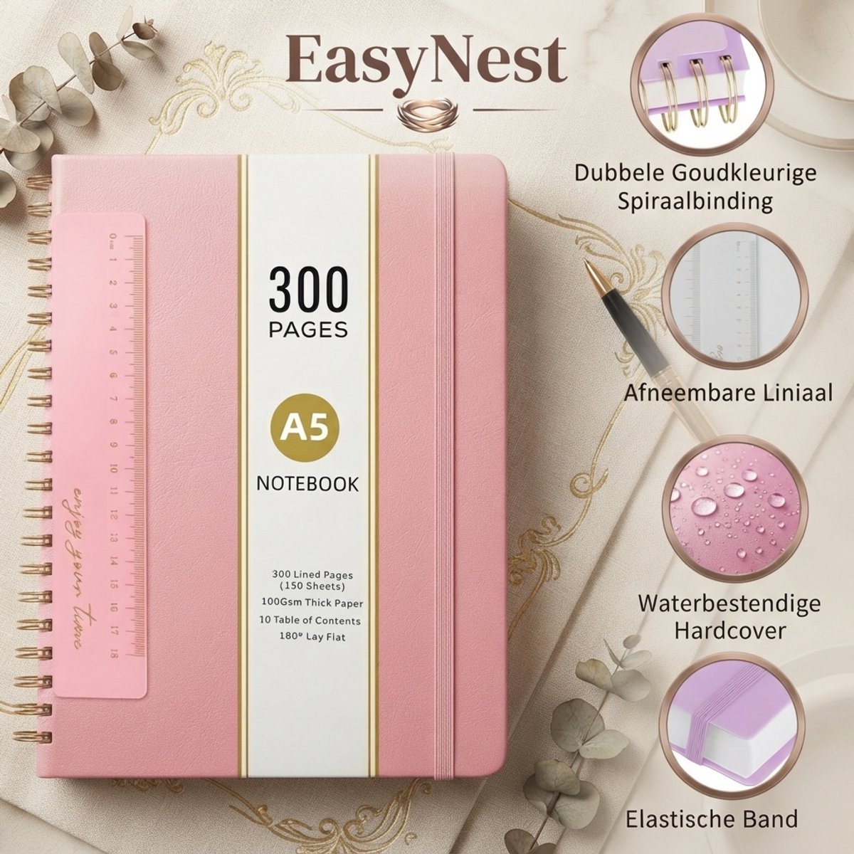 A5 Notitieboek met Spiraalbinding – 300 Pagina’s – Gelinieerd Schrijfboek met Vakken en Indexstickers – 100 g/m² Papier – Voor School, Werk en Studie