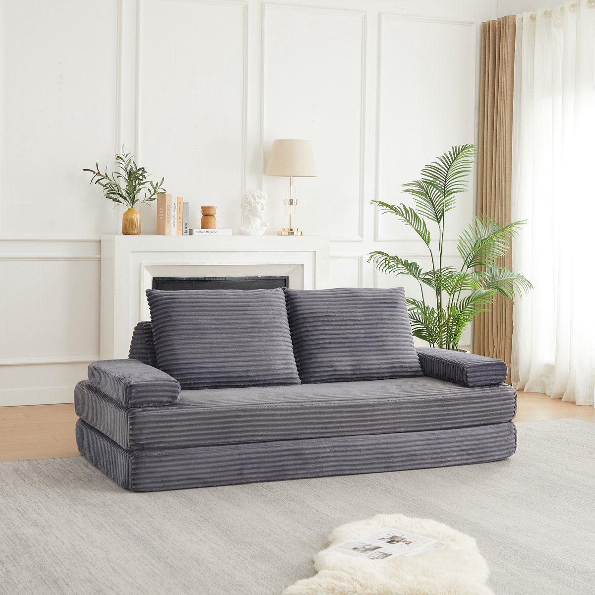 MIVRAY Bank 211,5 Cm Grijs Slaapbank Met Slaapfunctie Modulair Corduroy Voor Woonkamer En Logeerkamer