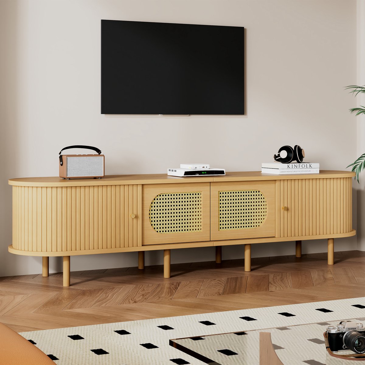STILVORA TV Meubel 180 Cm Natural MDF Met Rattan Stijl Deuren En 8 Poten Voor Tv Tot 75 Inch In Woonkamer Retro Opbergkast