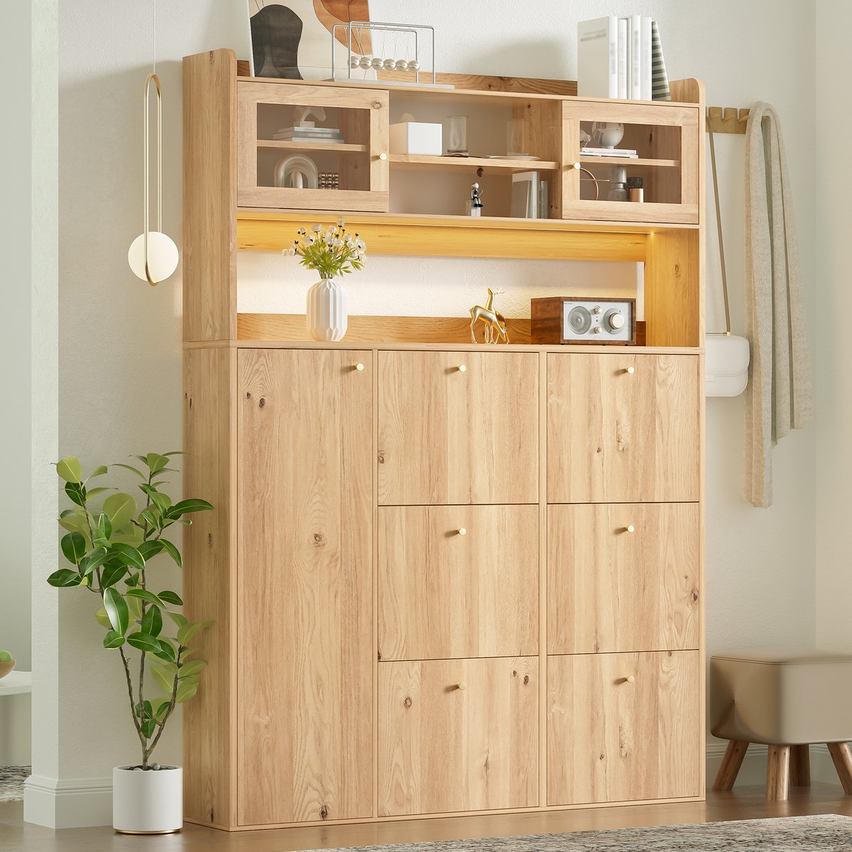 STILVORA Schoenenkast - Smal Model Met Glas En Ledverlichting - 6 Kippvakken En 1 Deur Voor Hal En Gang - Spaanplaat - Naturel - 130x25x180 Cm