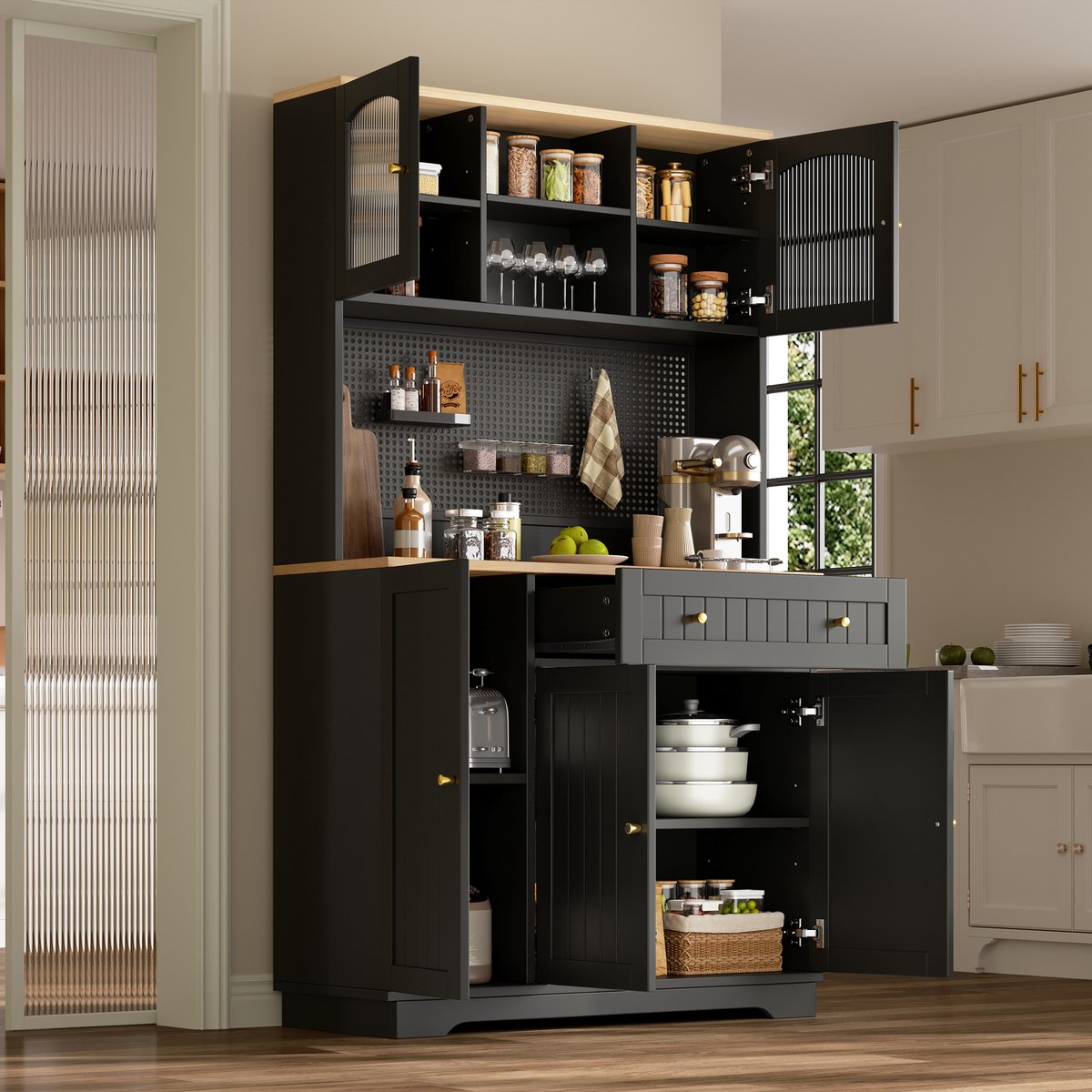 Keukenkast Vitrinekast Met Verstelbare Planken En Perforatieplaat Voor Opbergen En Presenteren In De Keuken Zwart 103,5 X 40 X 180 Cm