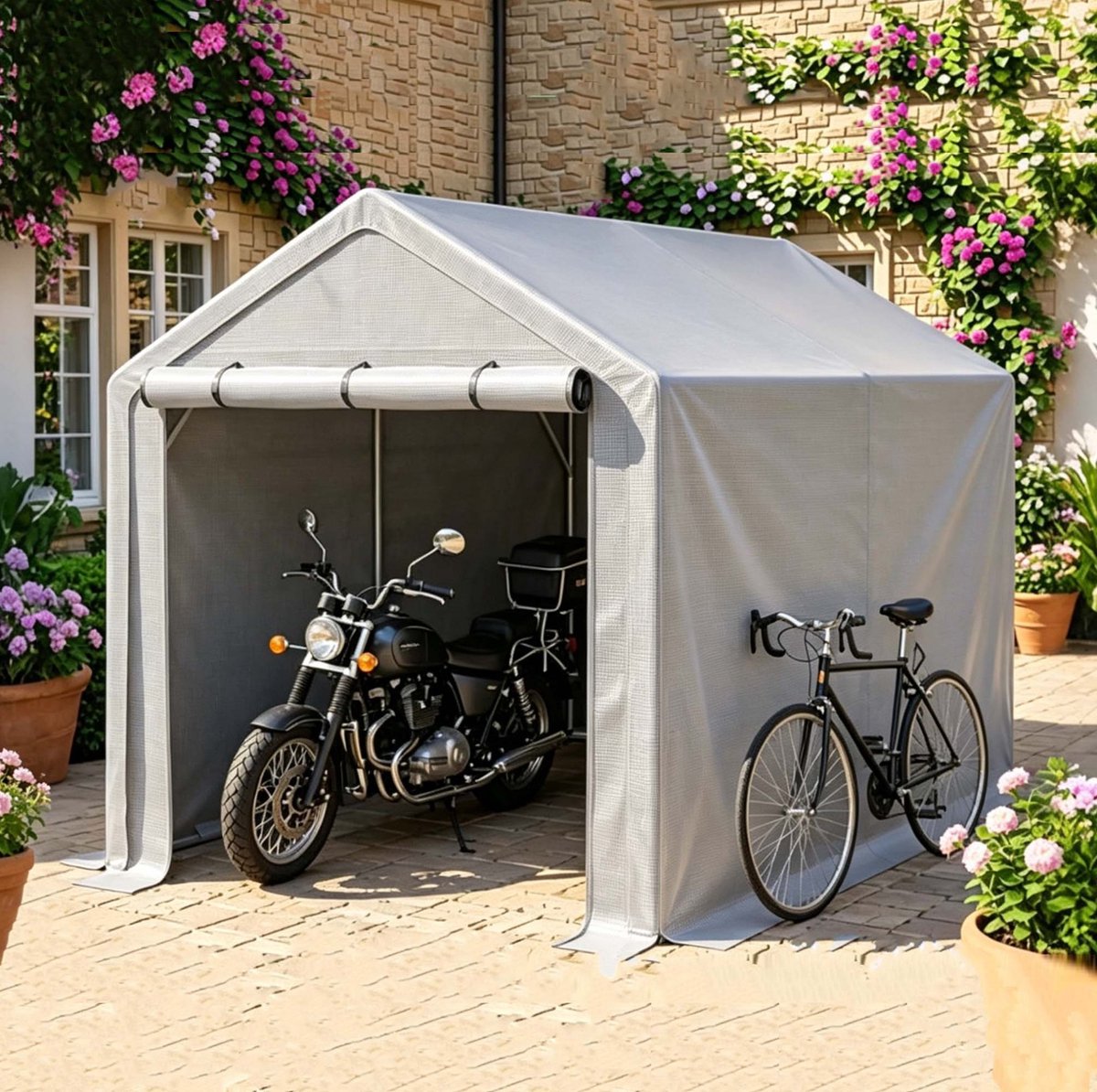 Opslagtent Stabiel Met Roldoer – 296 x 190 x 200 cm – Verzinkt Stalen Frame En 170 g/m² PE – Donkergrijs – Voor Fiets, Motor En Tuinopslag