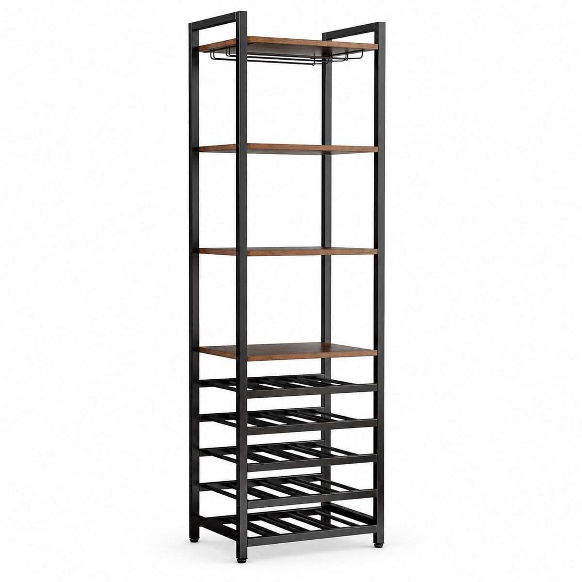 DMG Supply Wijnrek - 20 Flessen - Met Glazenhouder - 45 x 35 x 180 cm - Bruin/Zwart - Houtlook en Metaal