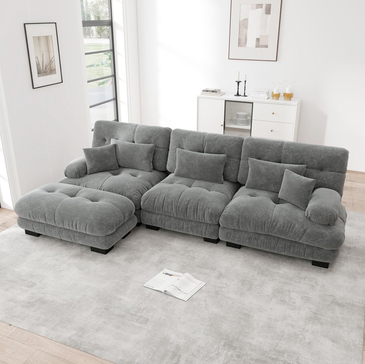 DESMIU Hoekbank 3-Zits - Modulaire Cloud Couch Met Verplaatsbare Ottoman En Diepe Zit - Voor Woonkamer En Lounge - Chenille - Grijs