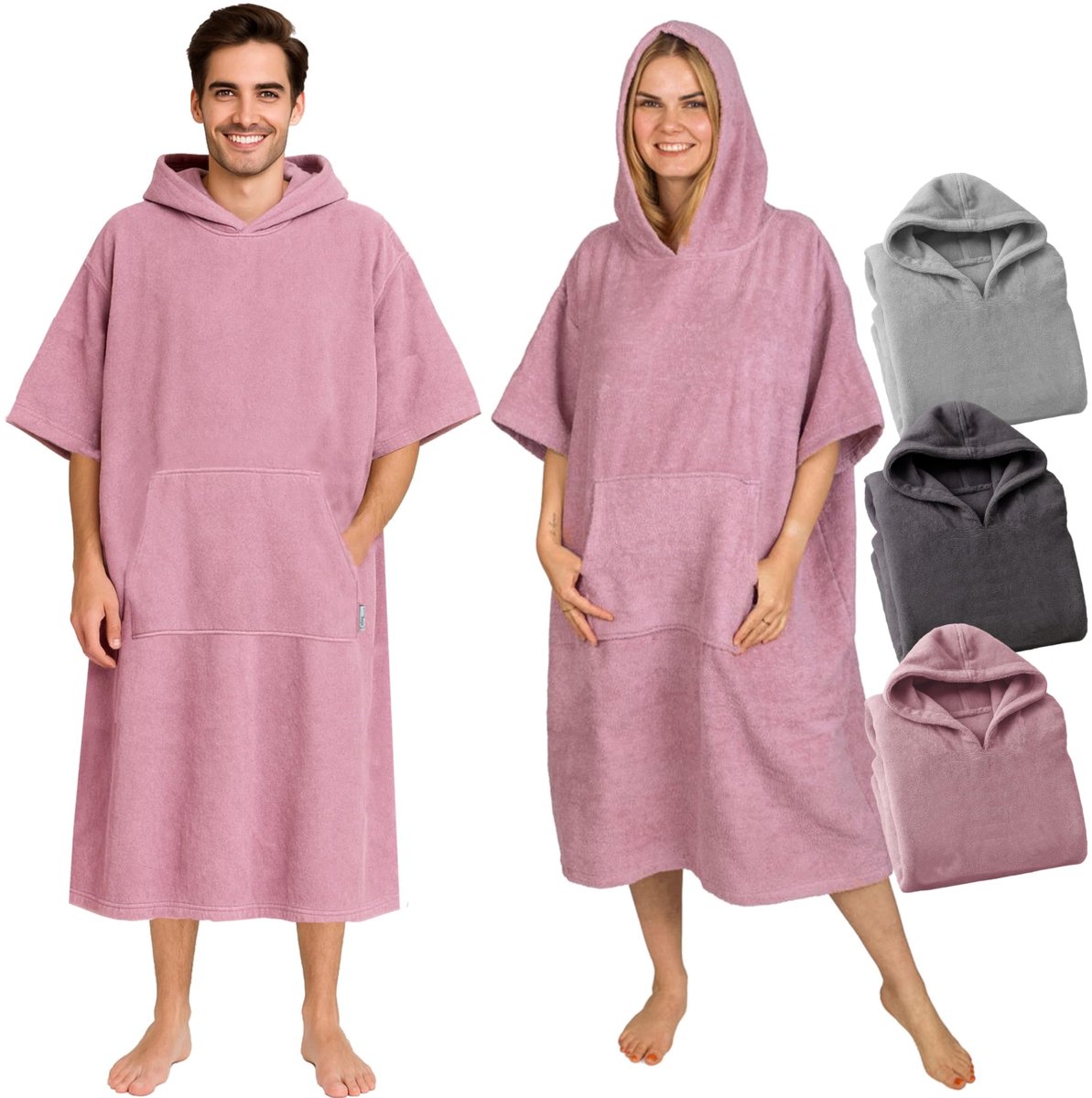 Badponcho L/XL - 100% katoen - oudroze - met capuchon en voorzak, ideaal voor na het zwemmen - ShopVlot