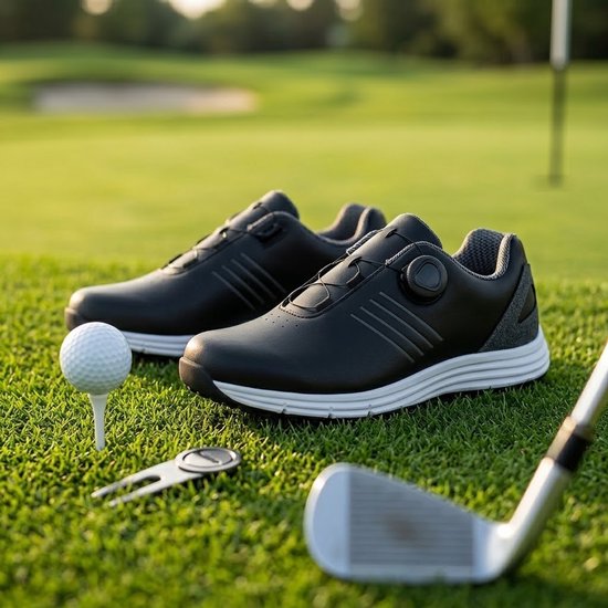 Zwarte golfschoenen heren maat 42 – sportieve golf schoenen met witte zool, draaiknop sluiting, zwarte veters en profielzool – heren golf sneakers — afbeelding 5