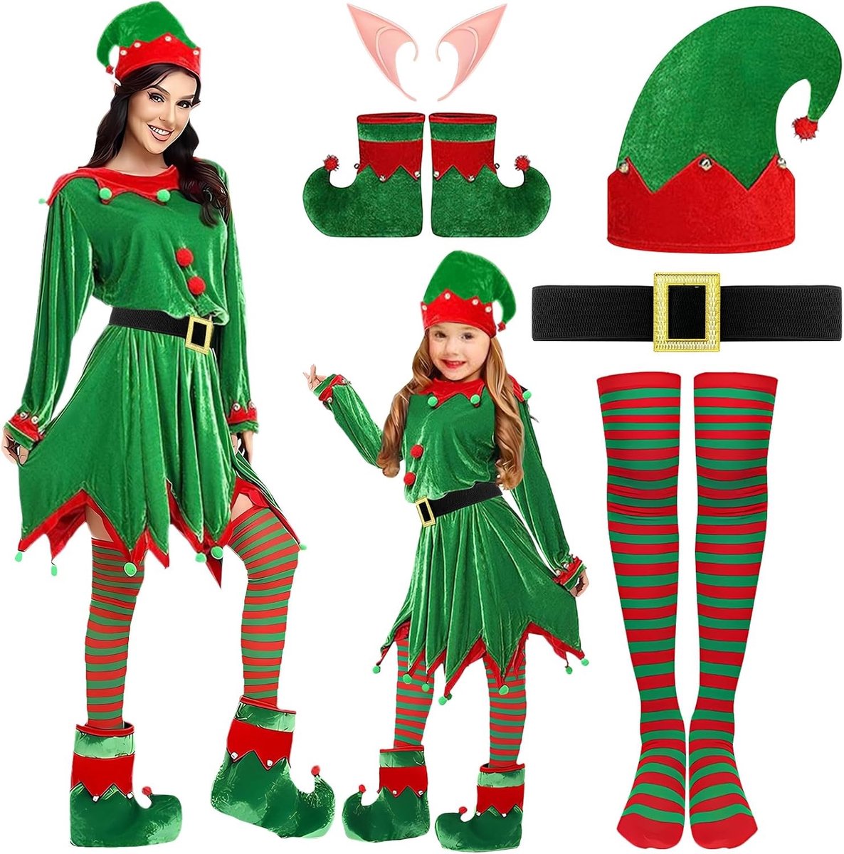 Elf kostuum set voor kinderen, kerstfeest outfit met gnome jurk, elf oren, hoed, sokken en accessoires voor een feestelijke kerstcosplay