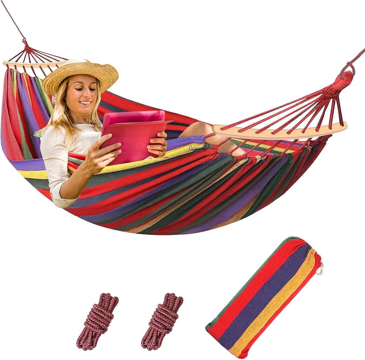 Comfortabele Katoenen Hangmat 190 x 150 cm - Draagvermogen 150 kg, Ideaal voor Camping, Tuin en Patio, Inclusief Opbergtas